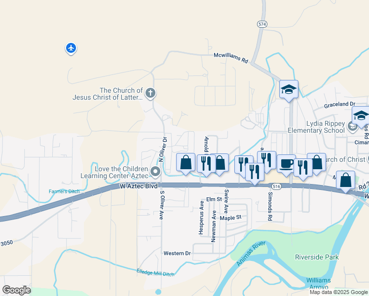 map of restaurants, bars, coffee shops, grocery stores, and more near 209 Mesilla Drive in Aztec