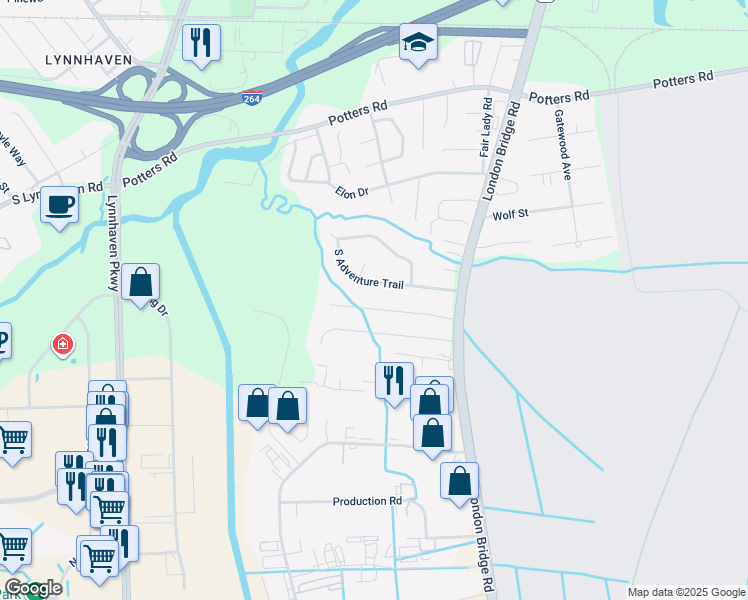 map of restaurants, bars, coffee shops, grocery stores, and more near 2432 Bullock Trail in Virginia Beach