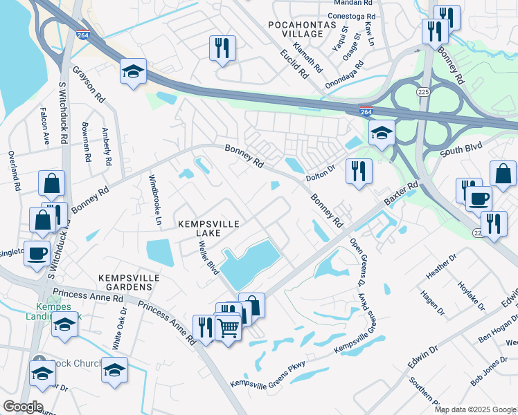 map of restaurants, bars, coffee shops, grocery stores, and more near 4624 Marlwood Way in Virginia Beach