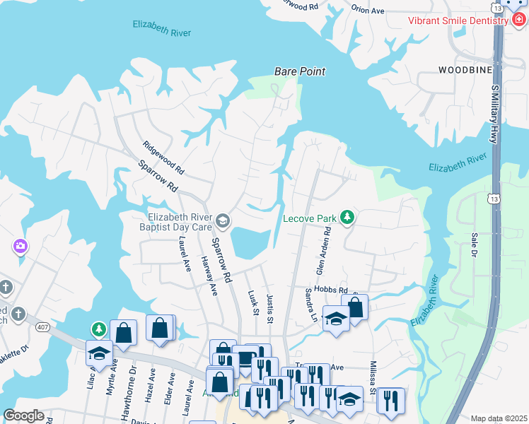 map of restaurants, bars, coffee shops, grocery stores, and more near 824 Silvercrest Lane in Virginia Beach