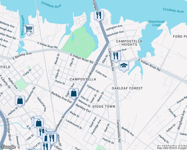 map of restaurants, bars, coffee shops, grocery stores, and more near 1305 Conoga Street in Norfolk