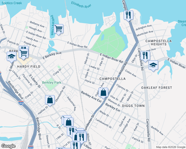 map of restaurants, bars, coffee shops, grocery stores, and more near in Norfolk