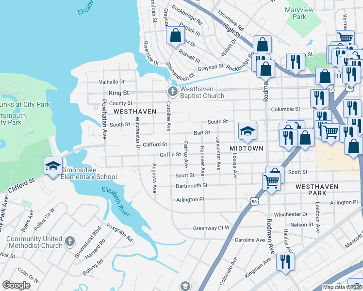map of restaurants, bars, coffee shops, grocery stores, and more near 4121 Clifford Street in Portsmouth