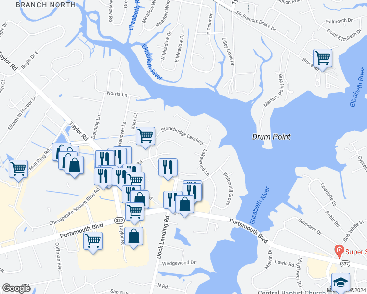 map of restaurants, bars, coffee shops, grocery stores, and more near Meadows Landing in Chesapeake