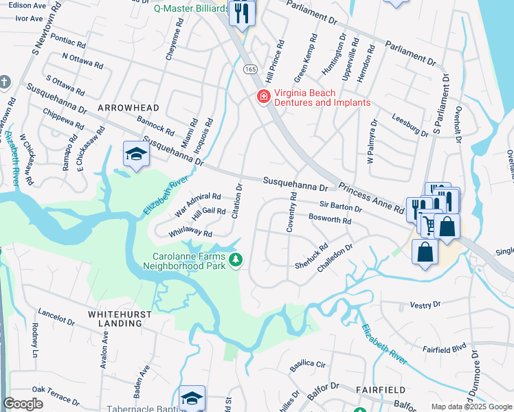 map of restaurants, bars, coffee shops, grocery stores, and more near 321 Gainsborough Road in Virginia Beach
