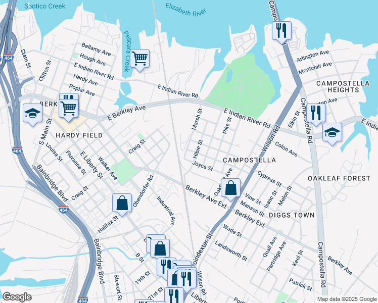 map of restaurants, bars, coffee shops, grocery stores, and more near 1500 Marsh Street in Norfolk