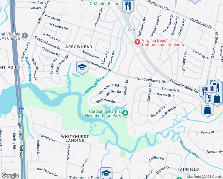 map of restaurants, bars, coffee shops, grocery stores, and more near 5524 Hill Gail Road in Virginia Beach