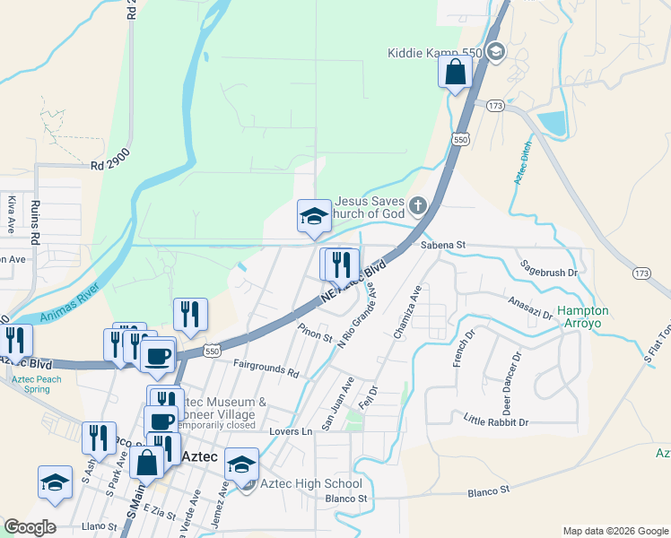 map of restaurants, bars, coffee shops, grocery stores, and more near 816 Maddox Avenue in Aztec
