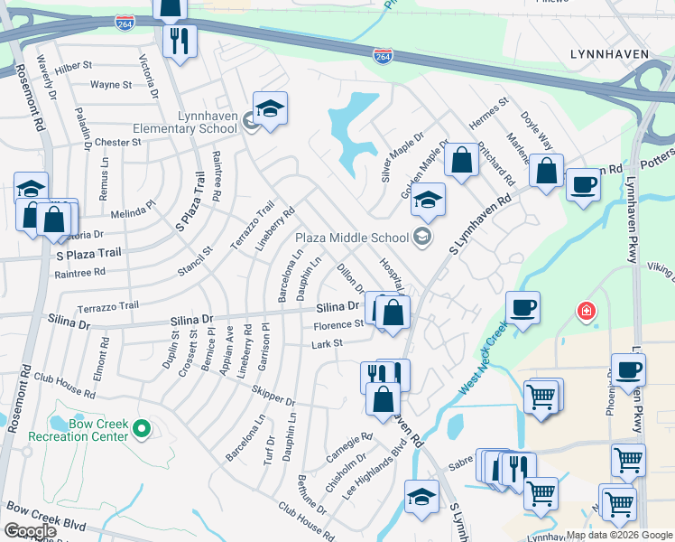 map of restaurants, bars, coffee shops, grocery stores, and more near 347 Dillon Drive in Virginia Beach