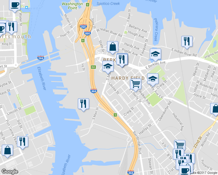 map of restaurants, bars, coffee shops, grocery stores, and more near 1009 Fauquier Street in Norfolk