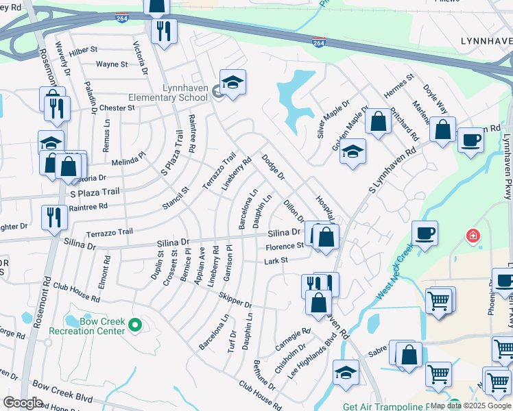 map of restaurants, bars, coffee shops, grocery stores, and more near 321 Dauphin Lane in Virginia Beach