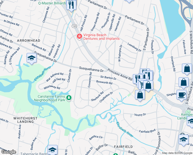 map of restaurants, bars, coffee shops, grocery stores, and more near 5387 Sir Barton Drive in Virginia Beach
