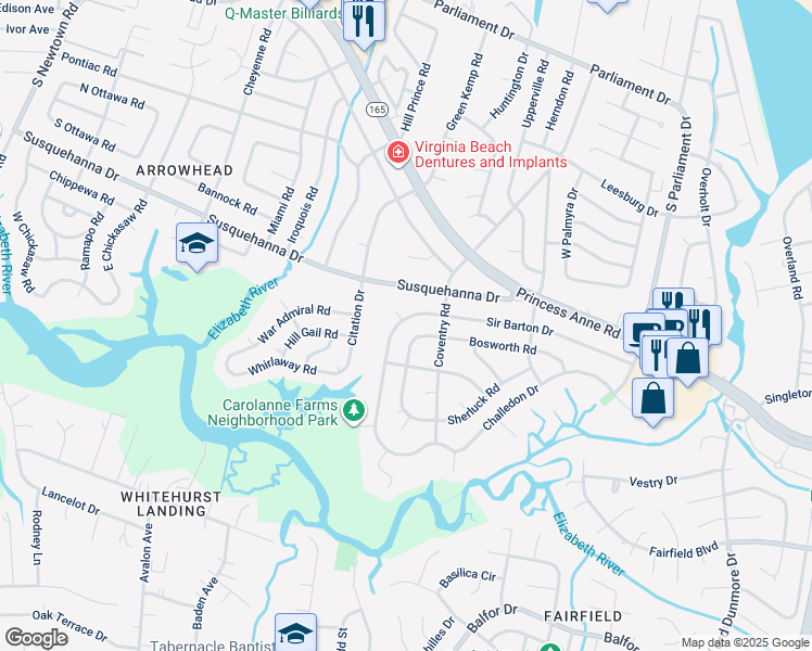 map of restaurants, bars, coffee shops, grocery stores, and more near 5417 Sir Barton Drive in Virginia Beach