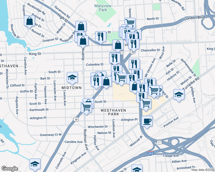 map of restaurants, bars, coffee shops, grocery stores, and more near 1121 Airline Boulevard in Portsmouth