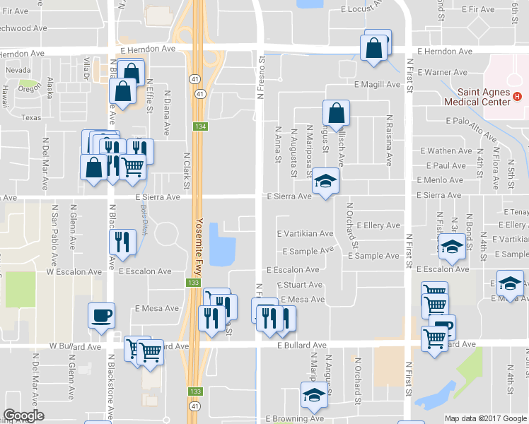 map of restaurants, bars, coffee shops, grocery stores, and more near 6356 North Fresno Street in Fresno
