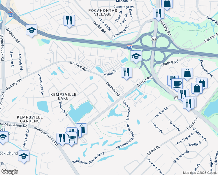 map of restaurants, bars, coffee shops, grocery stores, and more near 410 Troon Chase in Virginia Beach