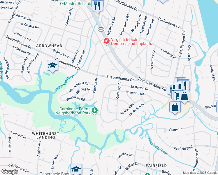 map of restaurants, bars, coffee shops, grocery stores, and more near 5417 Sir Barton Drive in Virginia Beach
