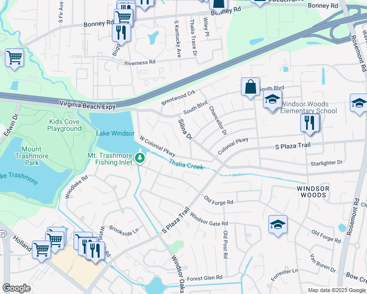 map of restaurants, bars, coffee shops, grocery stores, and more near 252 Cortland Lane in Virginia Beach