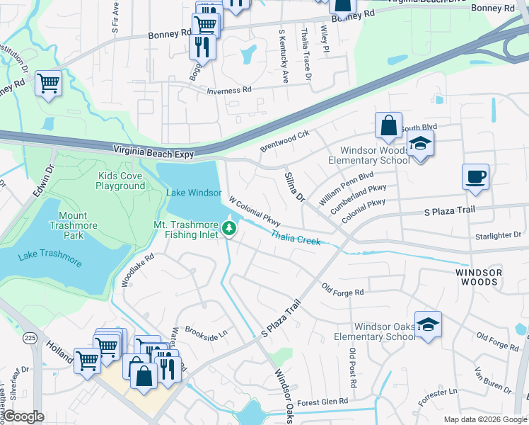 map of restaurants, bars, coffee shops, grocery stores, and more near 225 Parkway Court in Virginia Beach