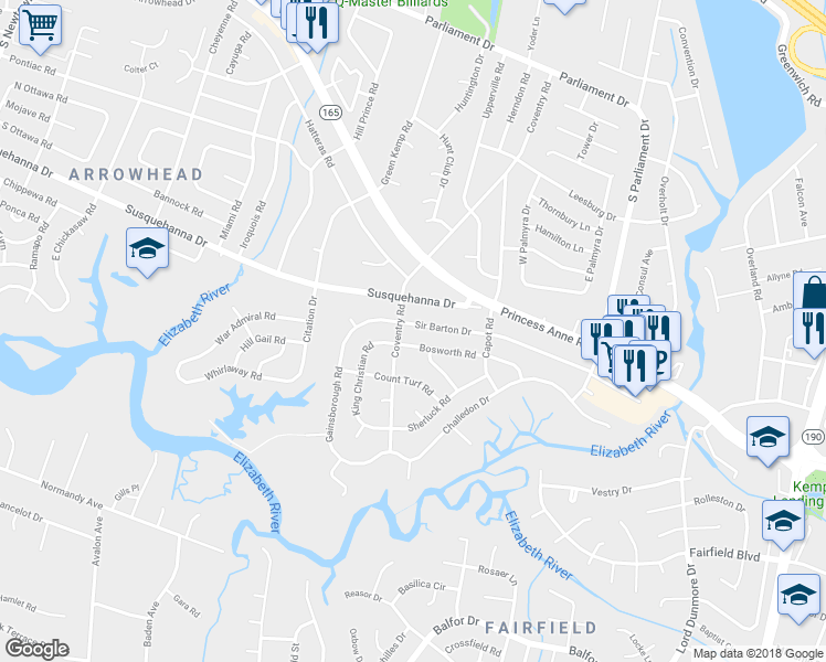 map of restaurants, bars, coffee shops, grocery stores, and more near 5395 Sir Barton Drive in Virginia Beach
