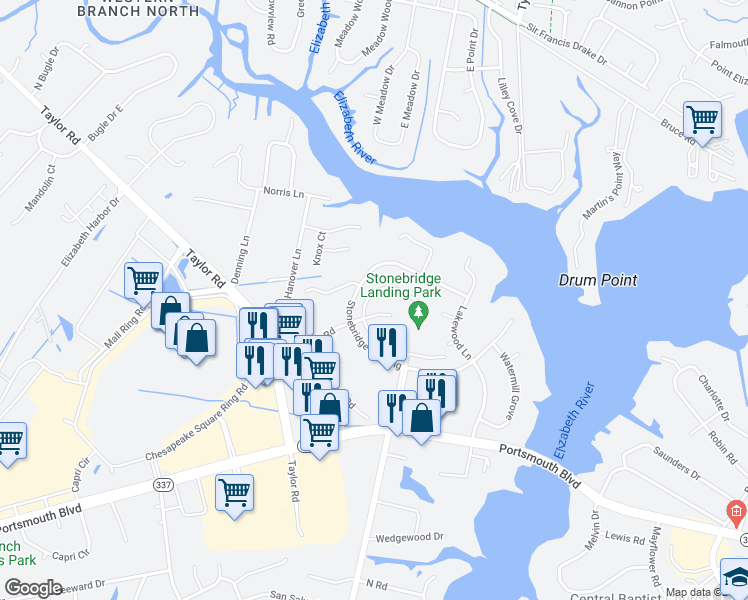 map of restaurants, bars, coffee shops, grocery stores, and more near 2523 Meadows Landing in Chesapeake