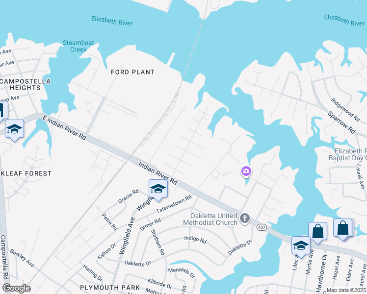 map of restaurants, bars, coffee shops, grocery stores, and more near 717 Wingfield Avenue in Chesapeake