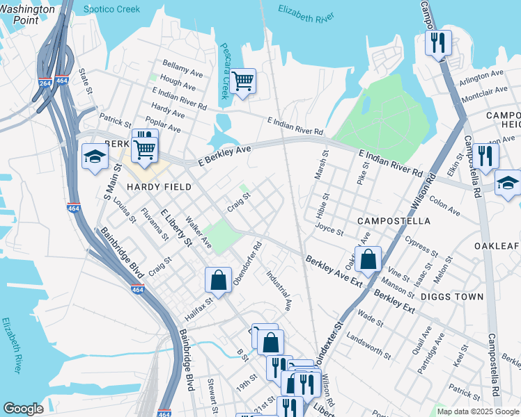 map of restaurants, bars, coffee shops, grocery stores, and more near 426 Middlesex Street in Norfolk