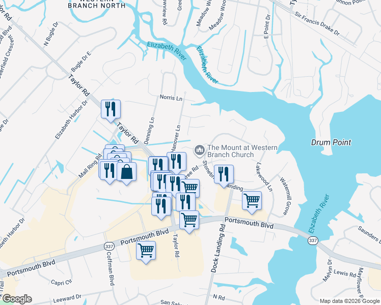map of restaurants, bars, coffee shops, grocery stores, and more near 4047 Oak Moss Court in Chesapeake
