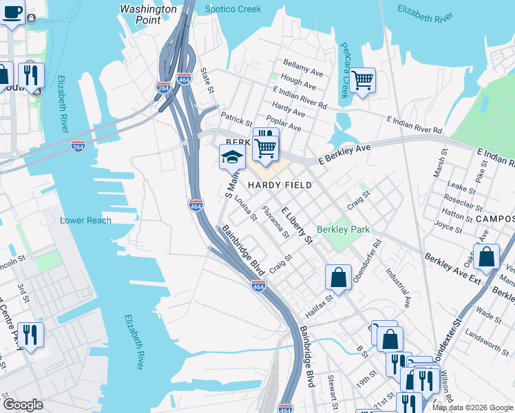 map of restaurants, bars, coffee shops, grocery stores, and more near 905 Grayson Street in Norfolk