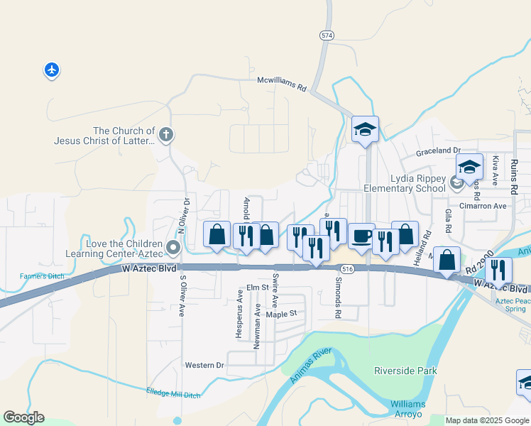 map of restaurants, bars, coffee shops, grocery stores, and more near 306 Crandall Drive in Aztec