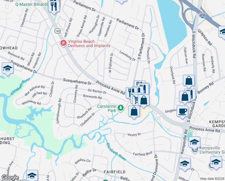 map of restaurants, bars, coffee shops, grocery stores, and more near 5337 Princess Anne Road in Virginia Beach