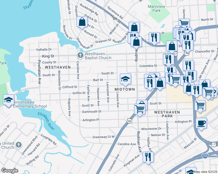 map of restaurants, bars, coffee shops, grocery stores, and more near 3925 Clifford Street in Portsmouth