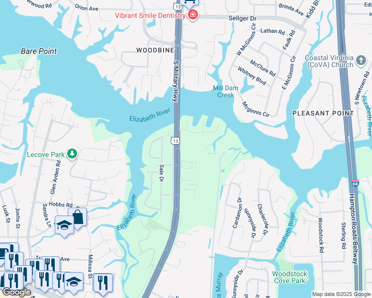map of restaurants, bars, coffee shops, grocery stores, and more near 400 South Military Highway in Virginia Beach