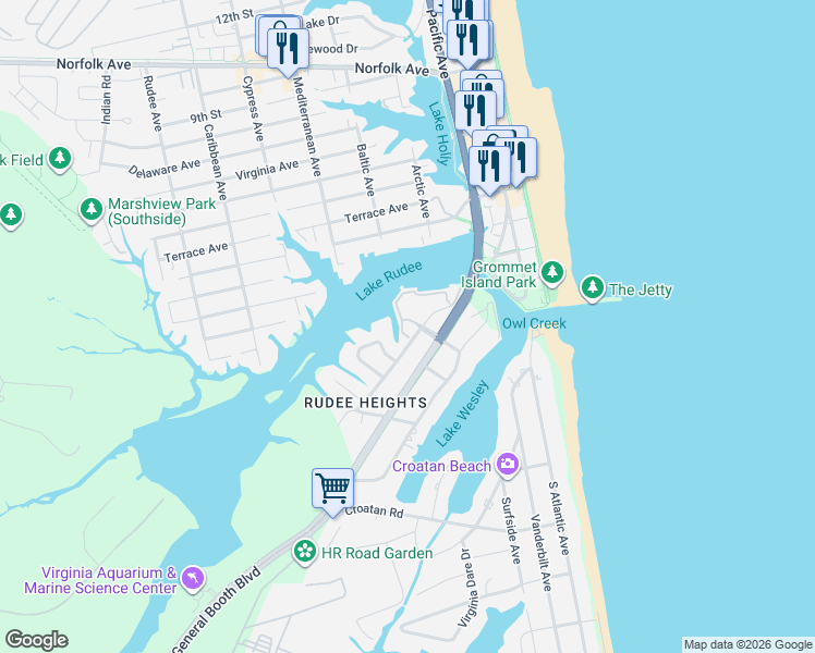 map of restaurants, bars, coffee shops, grocery stores, and more near 423 Harbour Point in Virginia Beach
