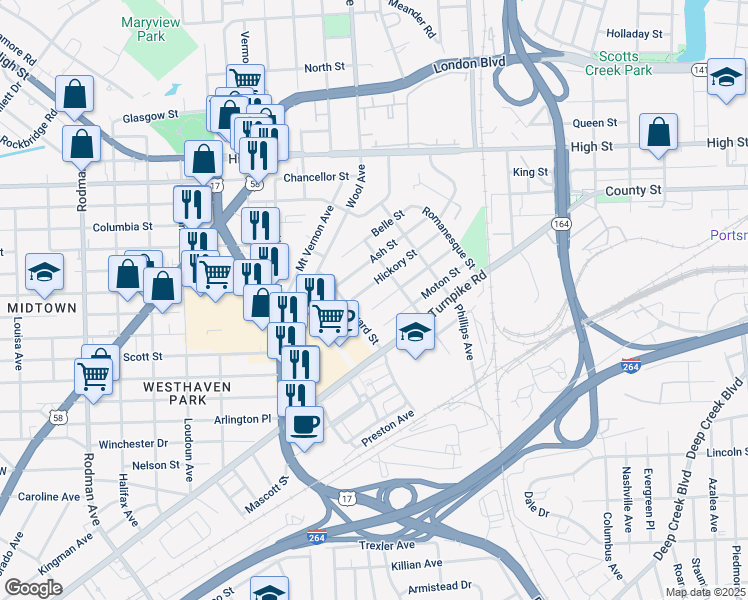 map of restaurants, bars, coffee shops, grocery stores, and more near 2724 Markham Street in Portsmouth