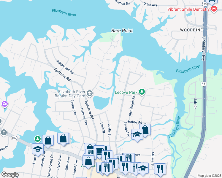 map of restaurants, bars, coffee shops, grocery stores, and more near 824 Silvercrest Lane in Virginia Beach