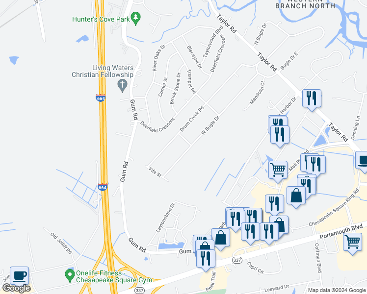 map of restaurants, bars, coffee shops, grocery stores, and more near 2530 West Bugle Drive in Chesapeake