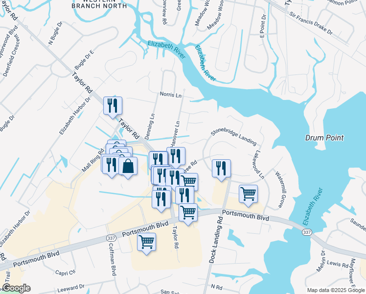 map of restaurants, bars, coffee shops, grocery stores, and more near 4047 Oak Moss Court in Chesapeake