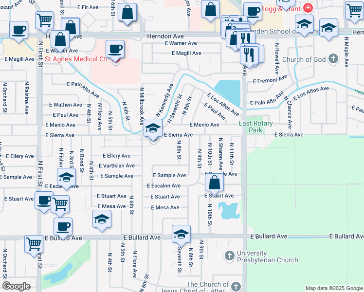 map of restaurants, bars, coffee shops, grocery stores, and more near 6354 North 8th Street in Fresno