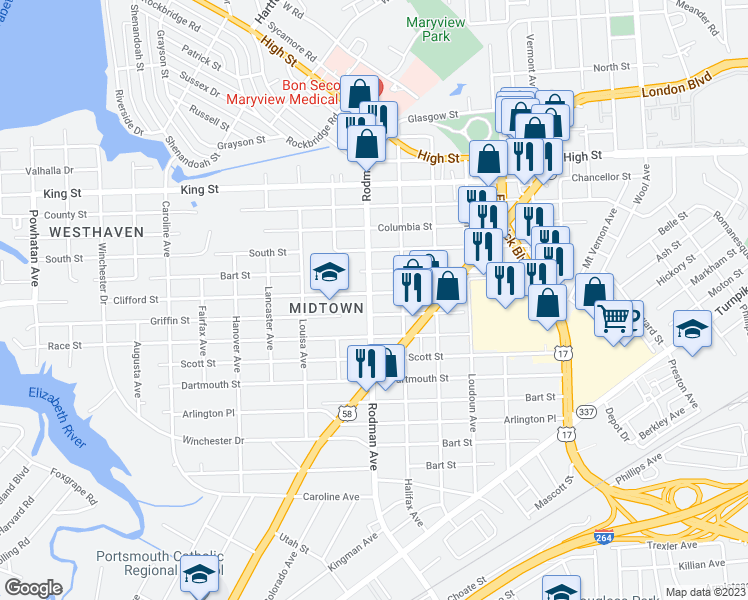 map of restaurants, bars, coffee shops, grocery stores, and more near 1101 Rodman Avenue in Portsmouth