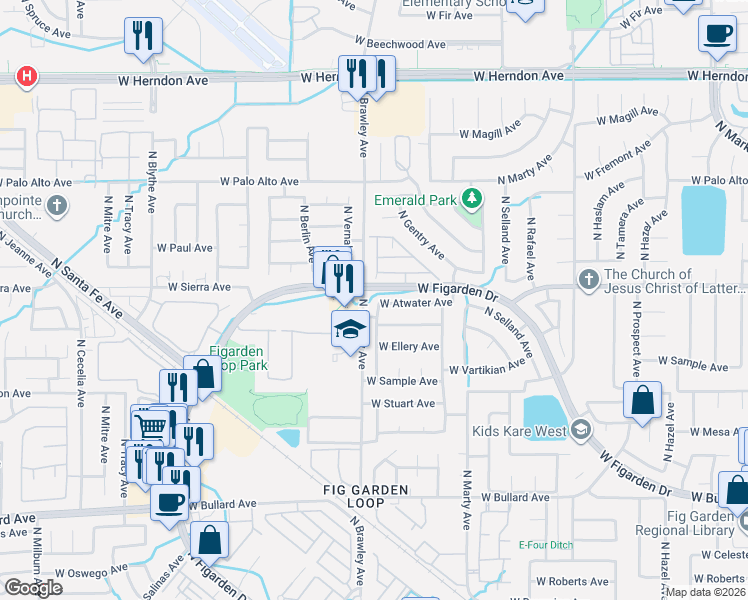 map of restaurants, bars, coffee shops, grocery stores, and more near 6371 North Gentry Avenue in Fresno