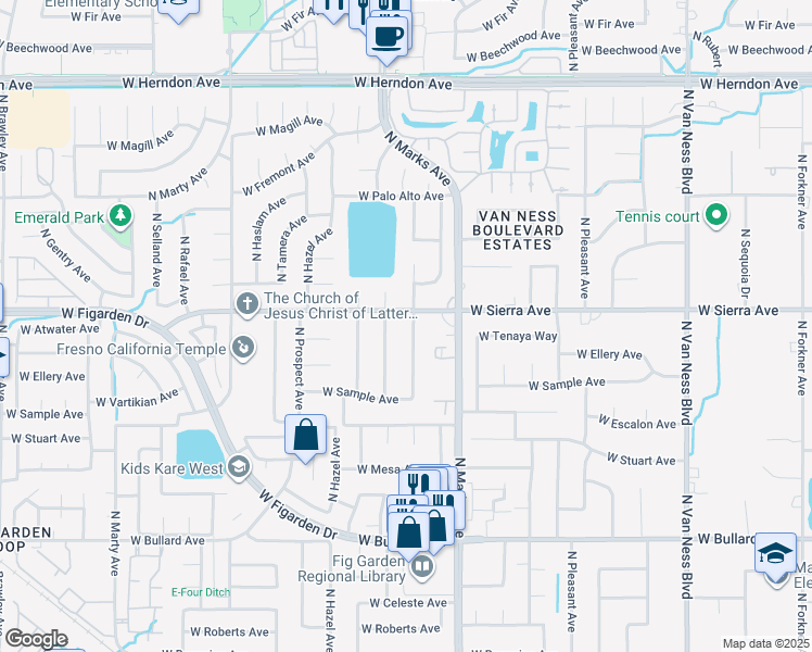 map of restaurants, bars, coffee shops, grocery stores, and more near 6372 North Benedict Avenue in Fresno