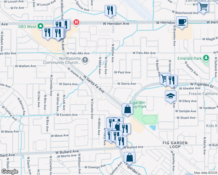 map of restaurants, bars, coffee shops, grocery stores, and more near 4442 West Sierra Avenue in Fresno