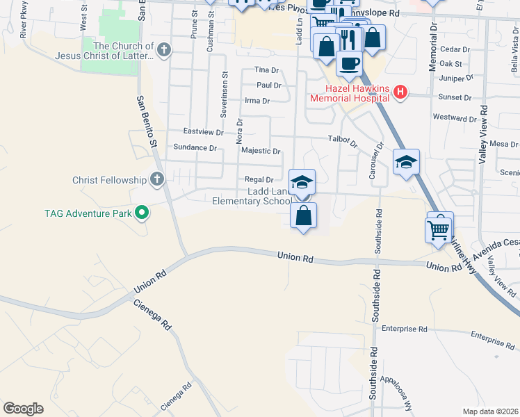 map of restaurants, bars, coffee shops, grocery stores, and more near 451 Cobalt Drive in Hollister