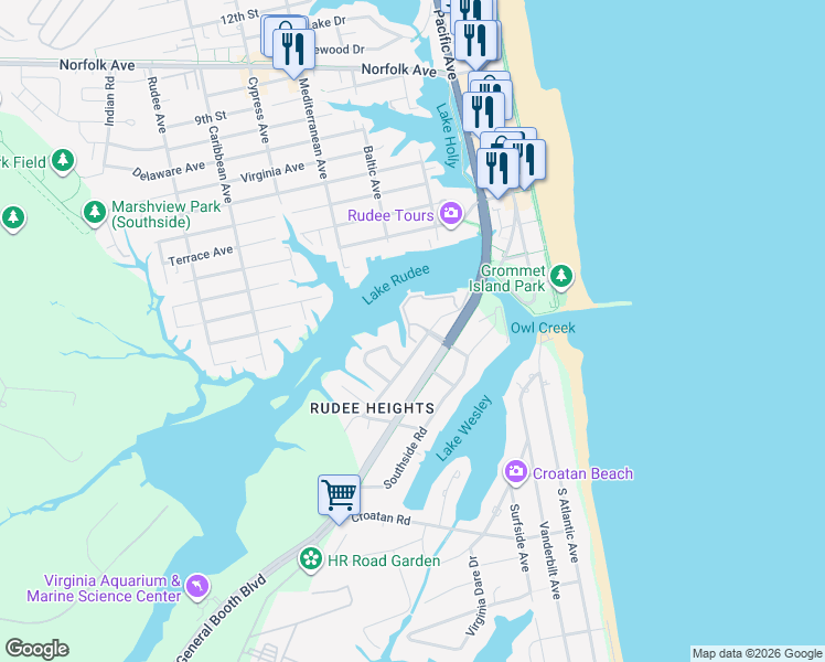 map of restaurants, bars, coffee shops, grocery stores, and more near 423 Harbour Point in Virginia Beach