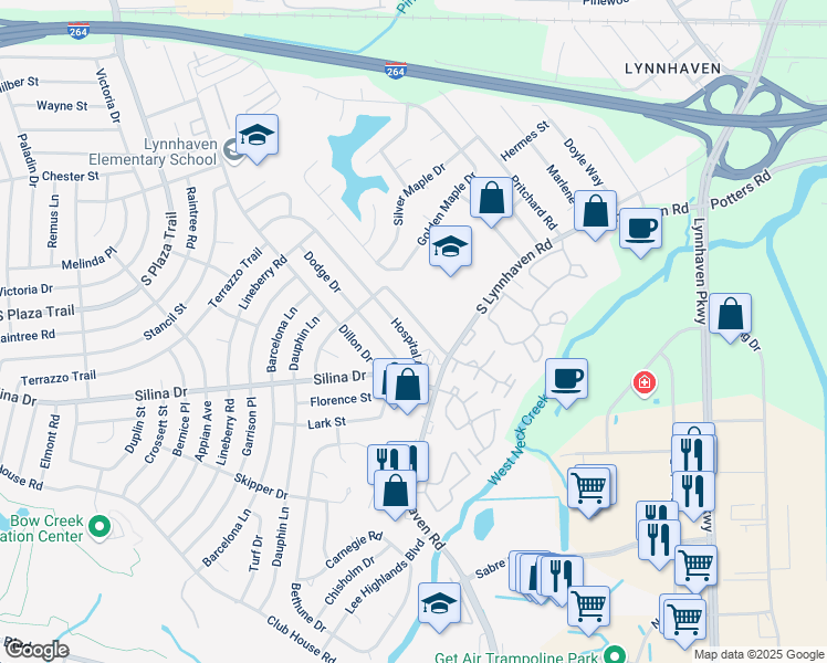 map of restaurants, bars, coffee shops, grocery stores, and more near 374 Hospital Drive in Virginia Beach