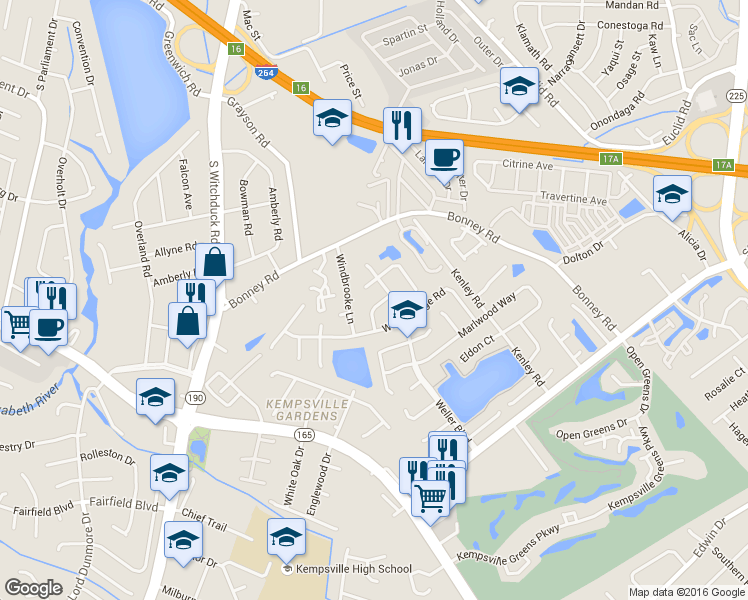 map of restaurants, bars, coffee shops, grocery stores, and more near 4823 Bayshire Court in Virginia Beach