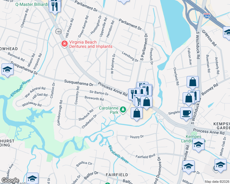 map of restaurants, bars, coffee shops, grocery stores, and more near 5337 Princess Anne Road in Virginia Beach
