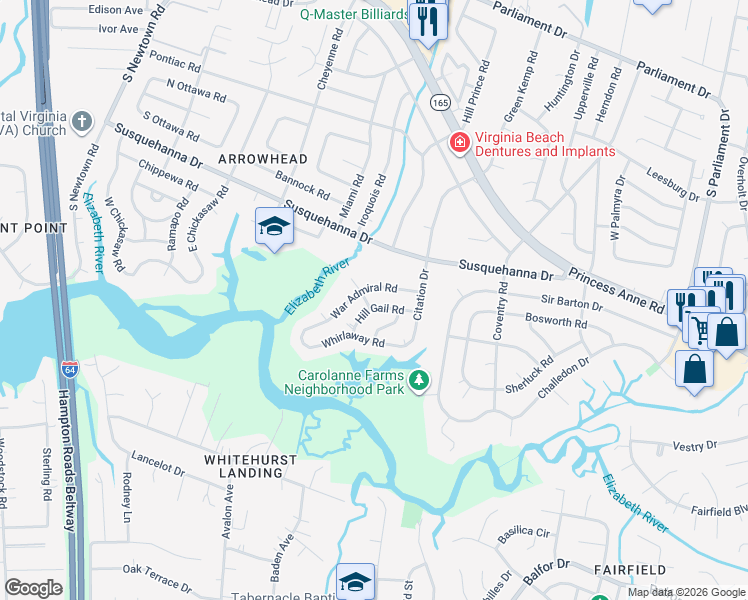 map of restaurants, bars, coffee shops, grocery stores, and more near 5524 Hill Gail Road in Virginia Beach