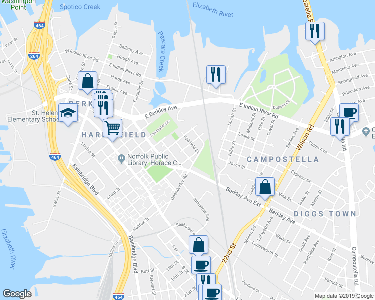 map of restaurants, bars, coffee shops, grocery stores, and more near 426 Middlesex Street in Norfolk